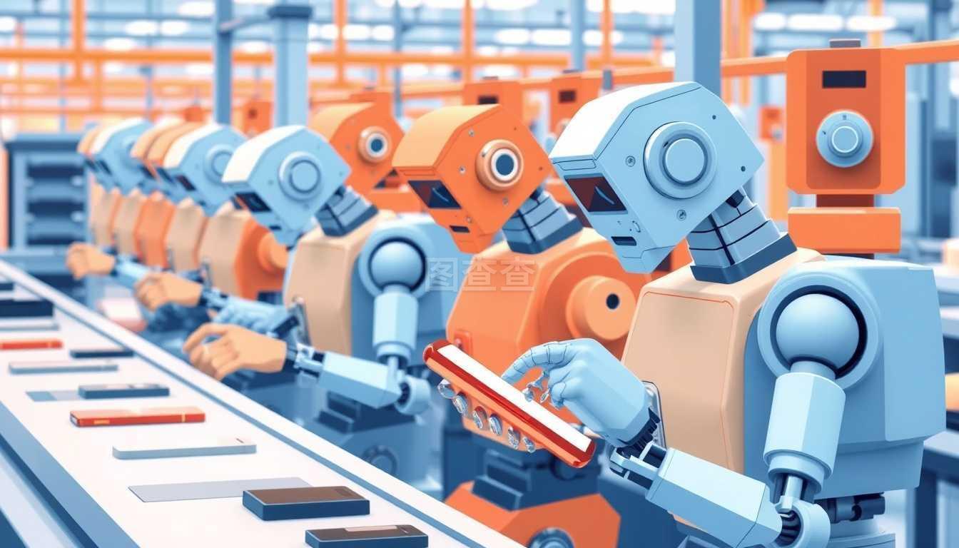 現(xiàn)代工廠(chǎng)生產(chǎn)線(xiàn)抽象方案,專(zhuān)用機(jī)械機(jī)器人制造和包裝智能手機(jī)的彩色矢量圖?，F(xiàn)代工廠(chǎng)生產(chǎn)線(xiàn)抽象方案